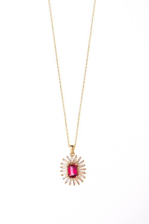 KIRMIZI BAGET TAŞLI ZİNCİR KOLYE